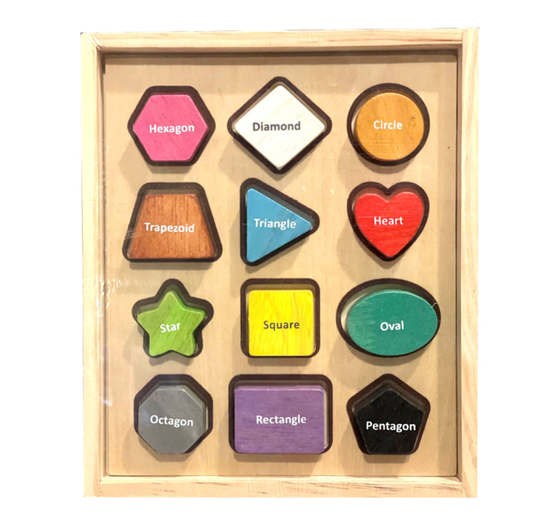 Wood Shape Sorter Puzzle 12 Chunky Wood Shapes with Name of Shape Written on Each