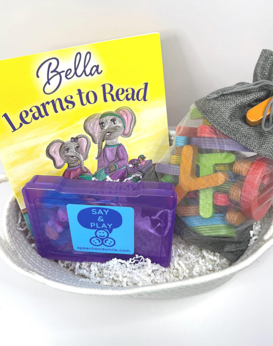 Say & Play Alphabet Story Set – Bella Learns to Read Book + A-Z Mini Objects + Wood Letters + Basket Speech Therapy Gift Preschool Learning