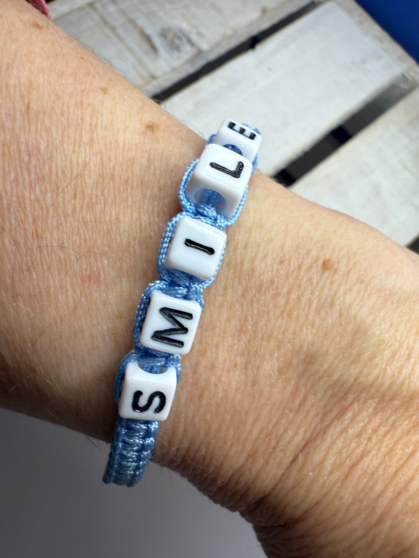 Smile Bracelet – Light Blue Woven Beaded String Bracelet with Letter Beads, Adjustable Friendship Jewelry