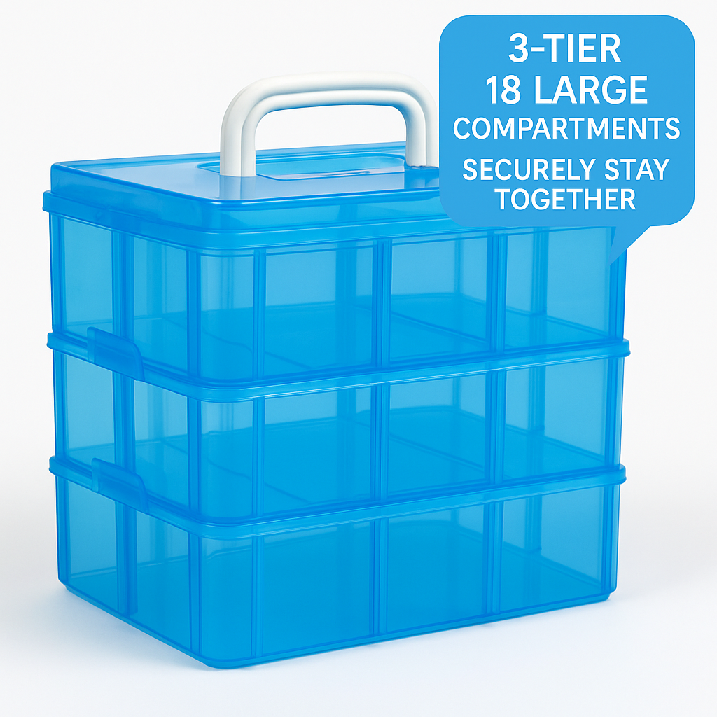 3-Tier Mini Storage Organizer Box – Blue Stackable Container for Beads, Jewelry, Trinkets, Craft & Small Parts with Sections