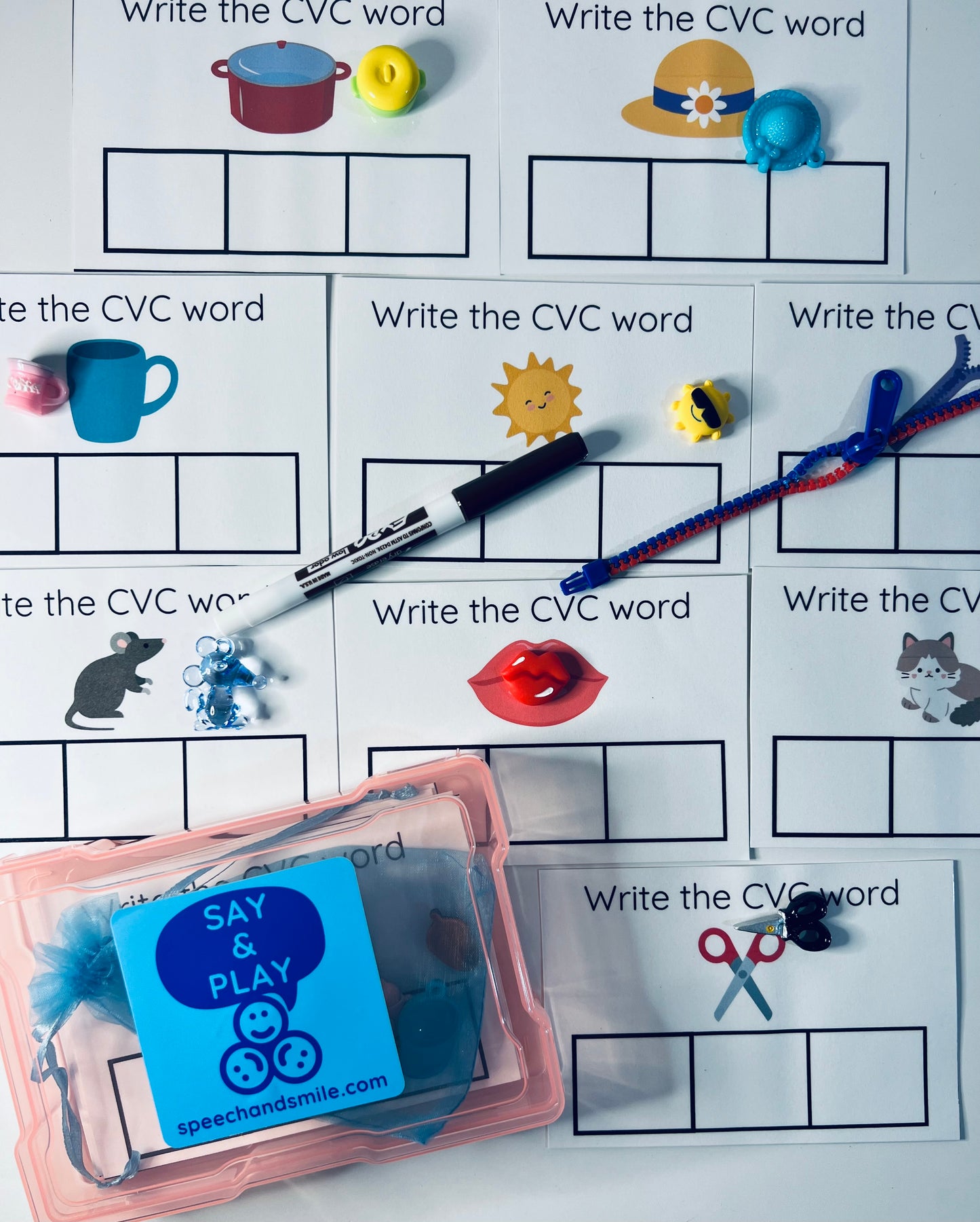 INCLUDES:
~Compact case
~Option 10 or 20 cards and with coordinating mini objects.
-Cards are laminated and durable to write on with a dry erase marker