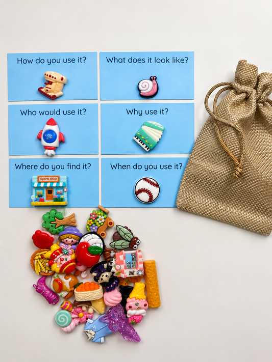Mystery Mini Grab Bag – Trinkets, Mini Objects & Question Prompt Cards for Speech Therapy Fun - What’s in the Bag Game