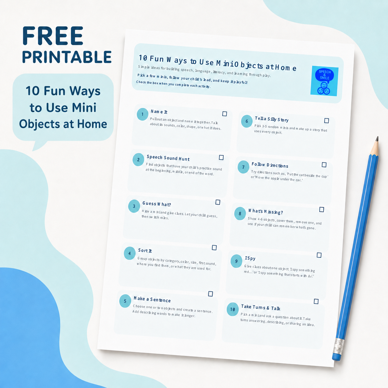 Free Printable Checklist Mini Object Activities for Speech, Language & Learning