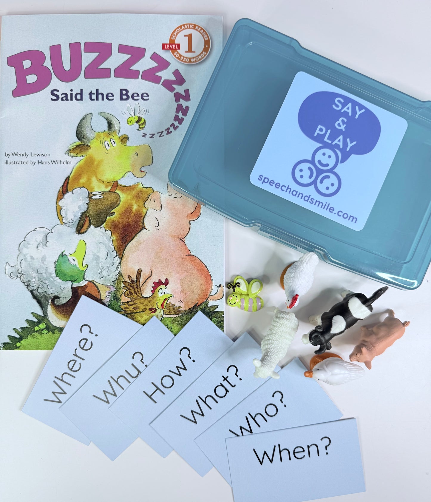 Buzz said the Bee Book with Mini Objects – Speech Therapy Story Props & Question Cards - BOOK INCLUDED Level 1 Reader