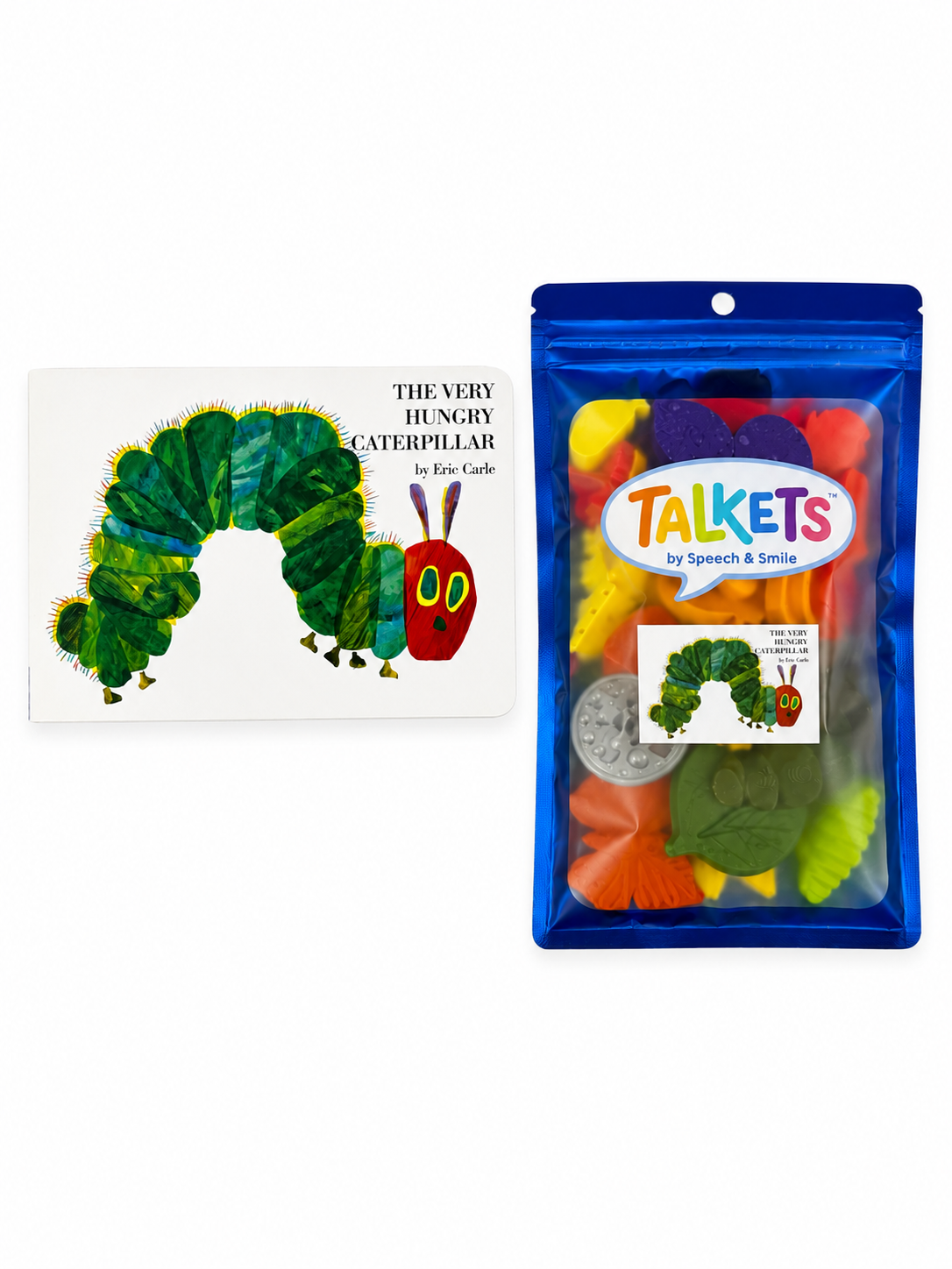 A children's language-learning gift set featuring the book 'The Very Hungty Caterpillar' by Eric Carle and a blue stand-up pouch of Talkets speech and smile toys. The package contains colorful plastic teeth, a silver coin, and a caterpillar-themed sticker, with the 'Talkets' brand logo clearly visible on the front.