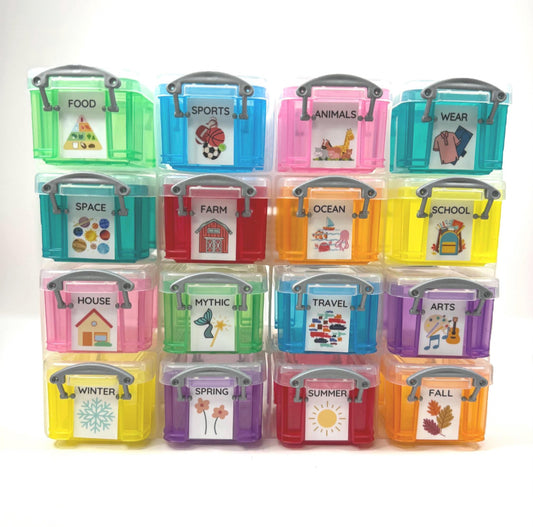 Theme mini objects Set of colorful storage boxes with labels
