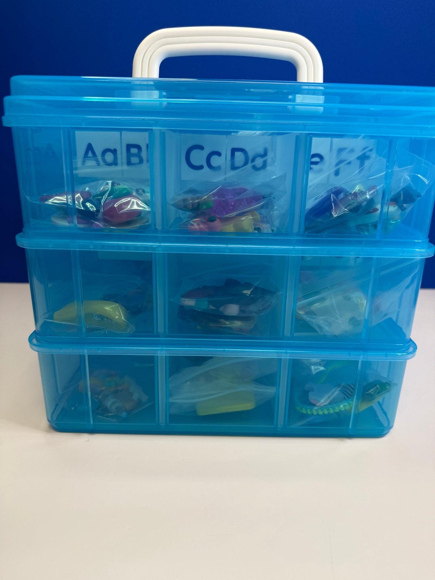 Alphabet Mini Objects Set with Letters, Number Set and Cue Cards - Portable Case 7 Objects per Letter Beginning Sound Minis - Speech and Smile