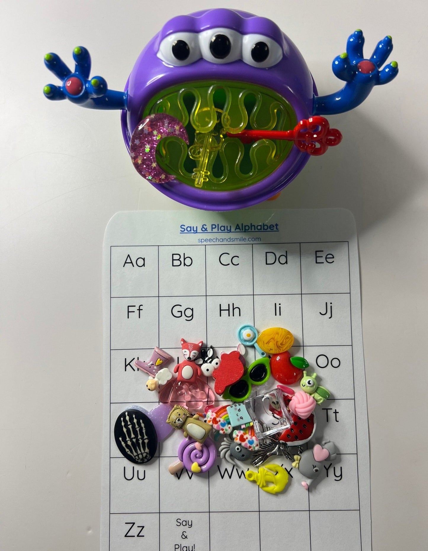 Alphabet Objects Feed the Monster Kit Mini Objects Speech Therapy Mini Objects Beginning Sound Objects Say and Play Minis Trinkets - Speech and Smile