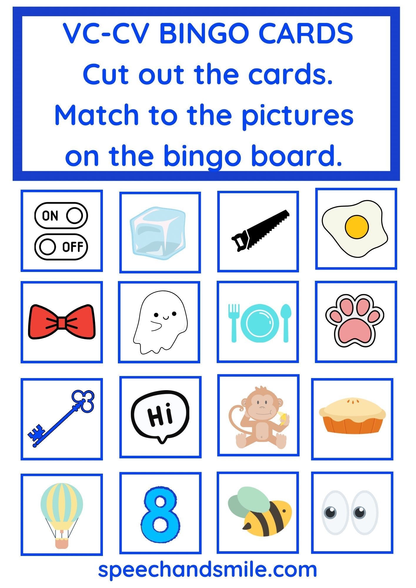 Apraxia Bingo Boards - PRINTABLE Speech Therapy Activity - VC - CV - CvCv - CvC words - Speech Therapy Mini Objects - Speech Therapy Printable for Apraxia - Speech and Smile