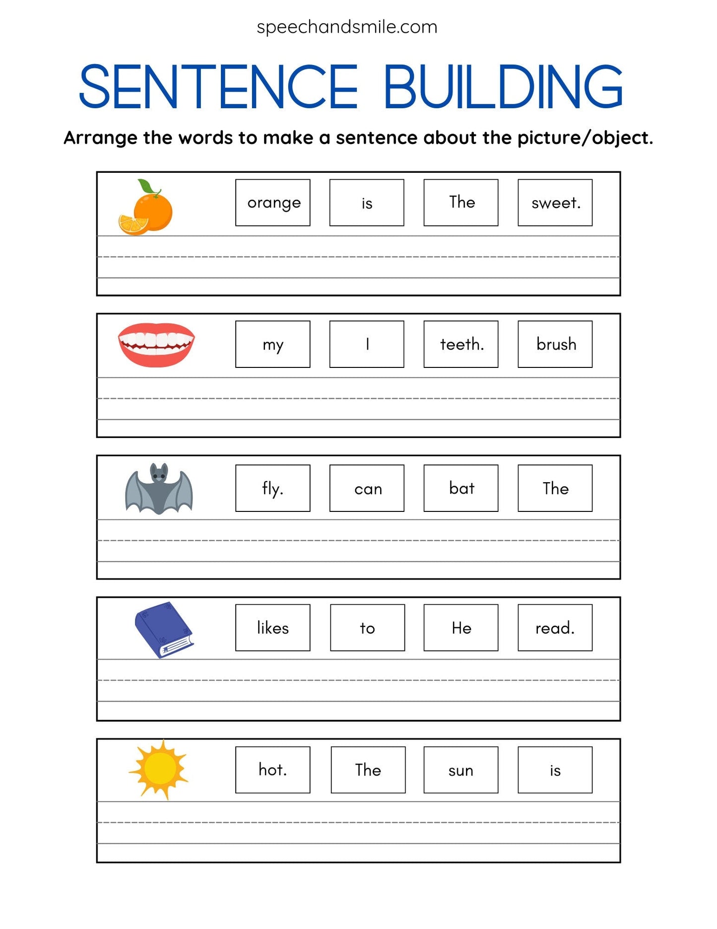 Build a Sentence Worksheet with Miniature Objects Sentence Building Activity - Speech Therapy Printable Worksheets - Speech and Smile