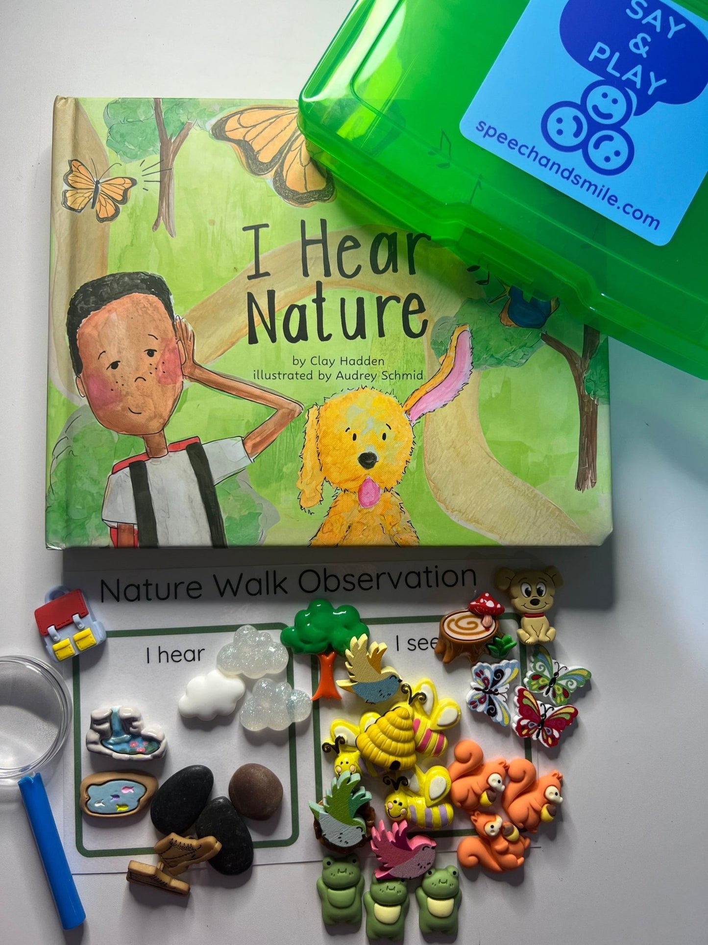 I Hear Nature Story Kit with Mini Objects Speech Therapy - INCLUDES BOOK Story Props Nature Woodland Trinkets Language Task Box - Speech and Smile