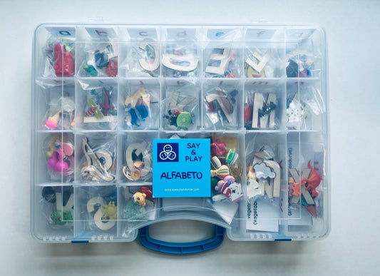 Spanish alphabet set with miniature objects for the beginning sounds.  Mini objects for Spanish. Spanish Montessori sound box with mini objects.