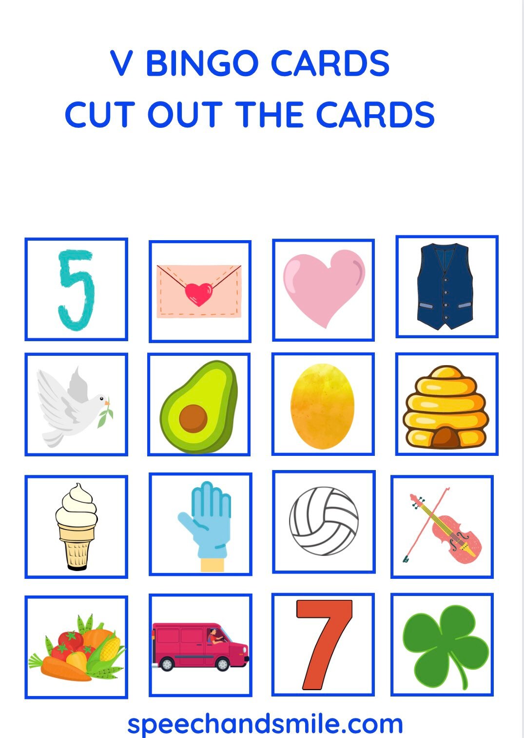 F and V Sounds Printable Bingo Matching Game-Printable Speech Therapy Worksheets-Speech Sound Bingo Speech and Smile-Speech Matching Game