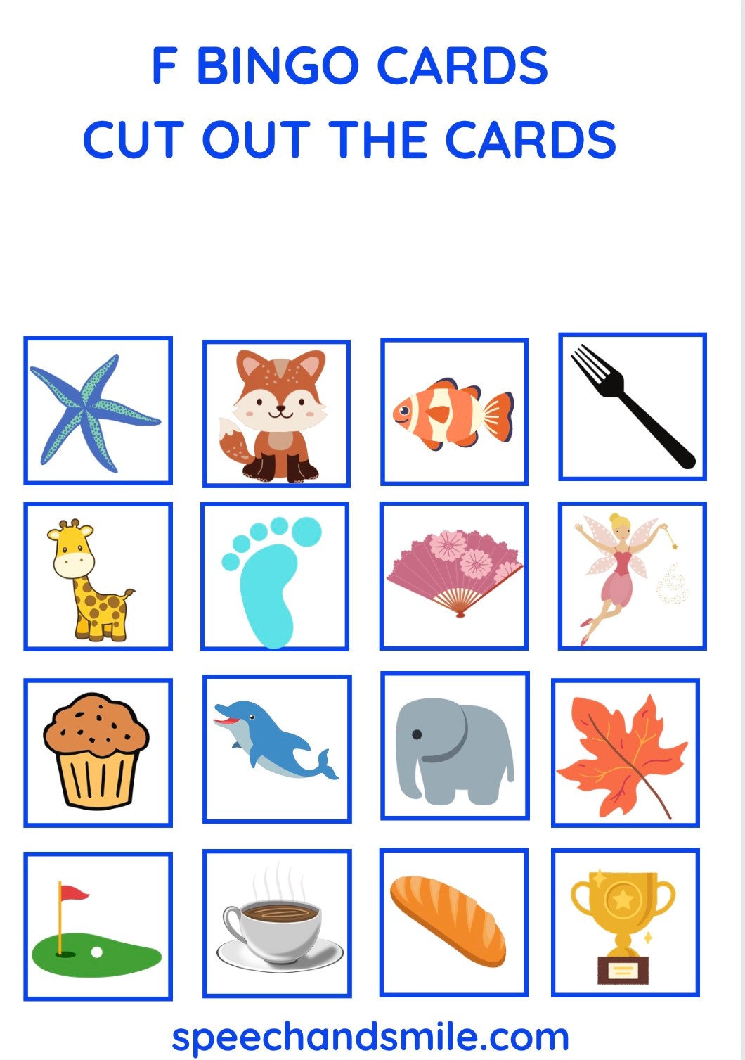 F and V Sounds Printable Bingo Matching Game-Printable Speech Therapy Worksheets-Speech Sound Bingo Speech and Smile-Speech Matching Game