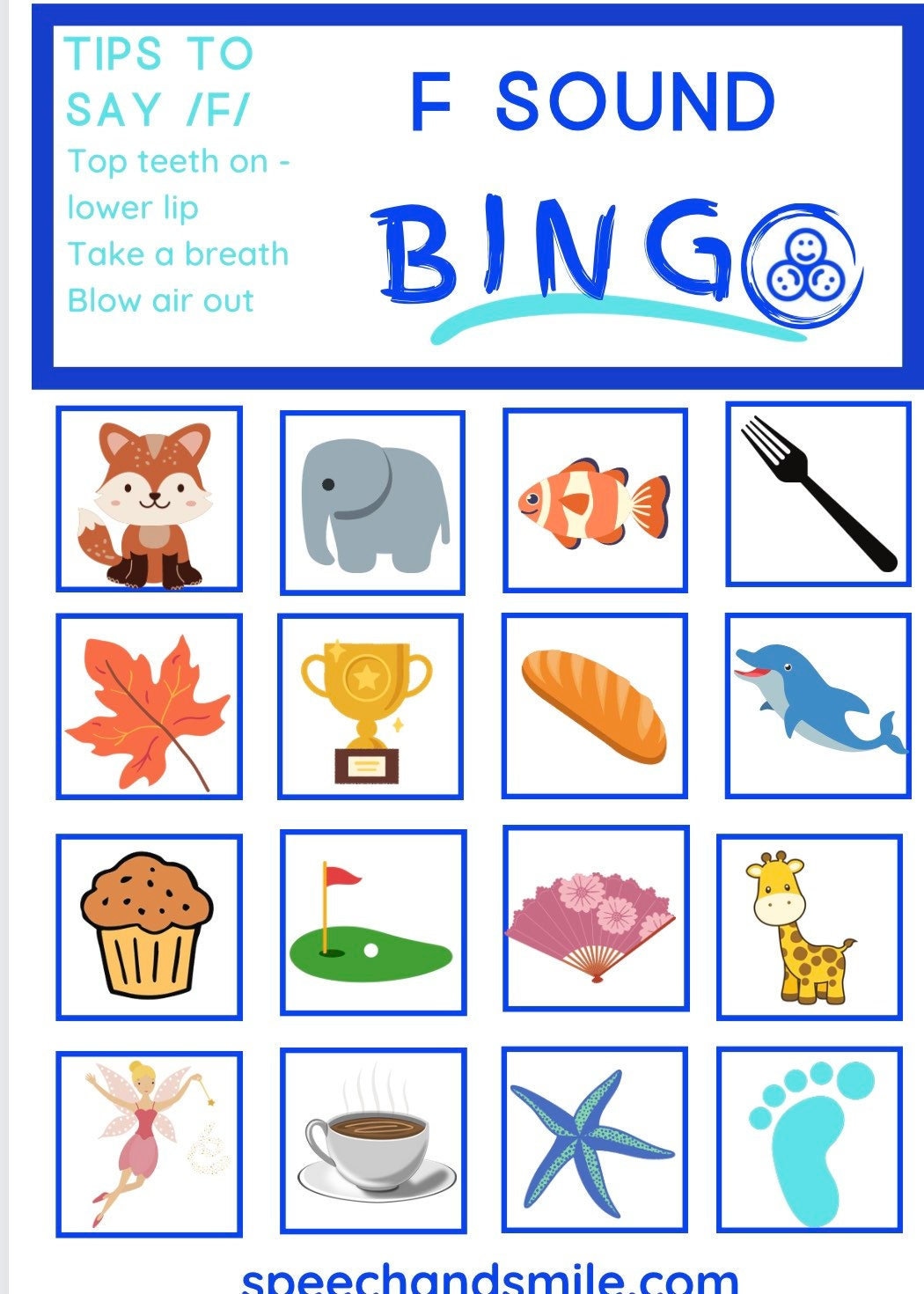 F and V Sounds Printable Bingo Matching Game-Printable Speech Therapy Worksheets-Speech Sound Bingo Speech and Smile-Speech Matching Game