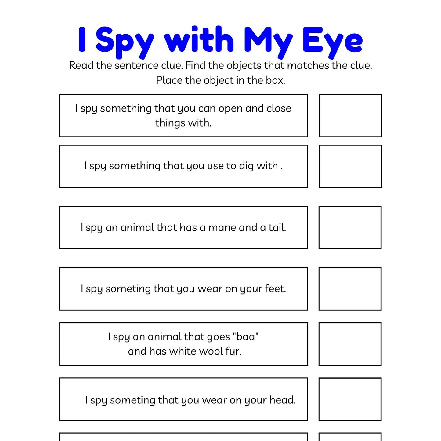 Feuilles de travail I Spy à utiliser avec les bibelots et les mini objets - Feuilles de travail imprimables de l'extension I Spy