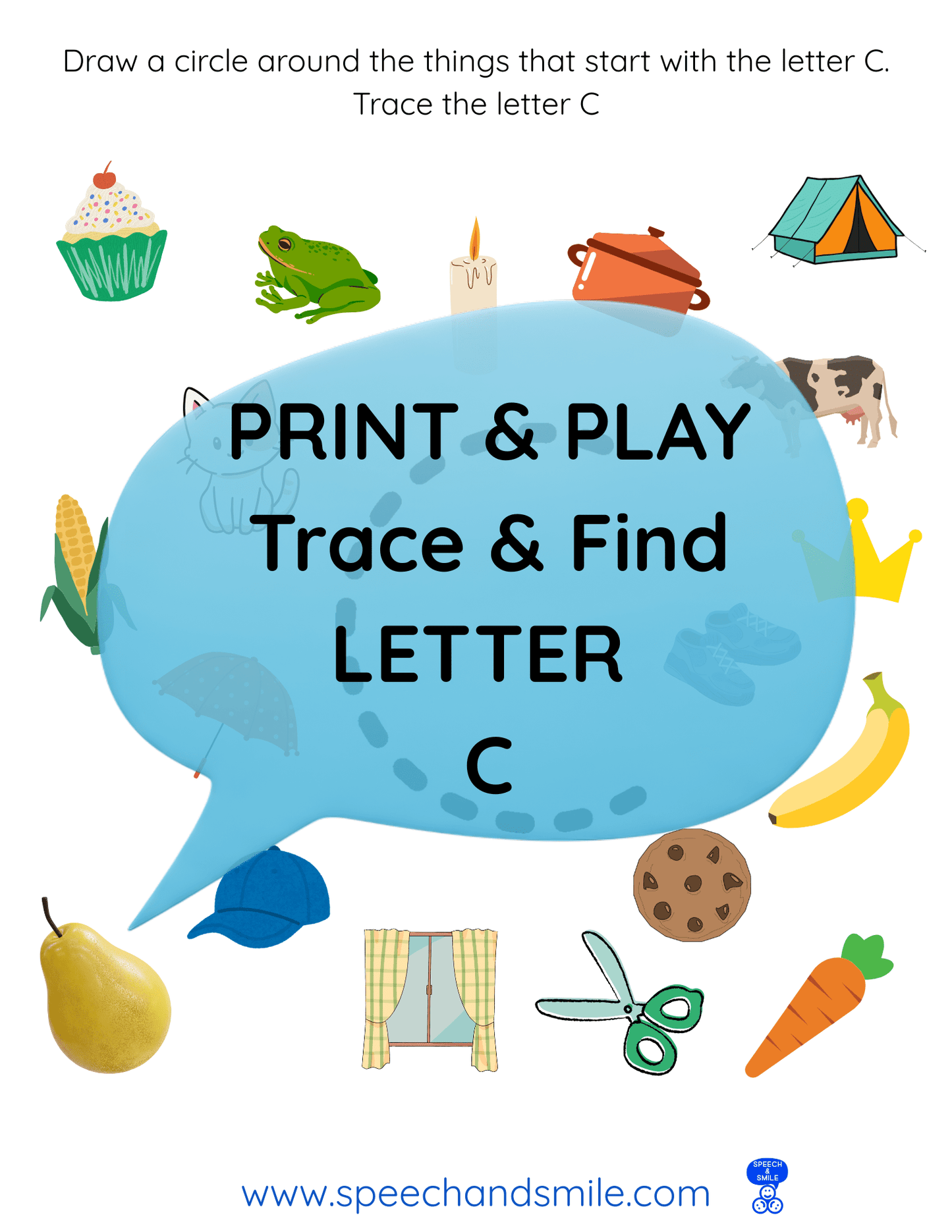 Print & Play Alphabet Worksheet - Letter C Activity Find and Circle Letter Sounds - Educational Printable Instant Download - Speech and Smile
