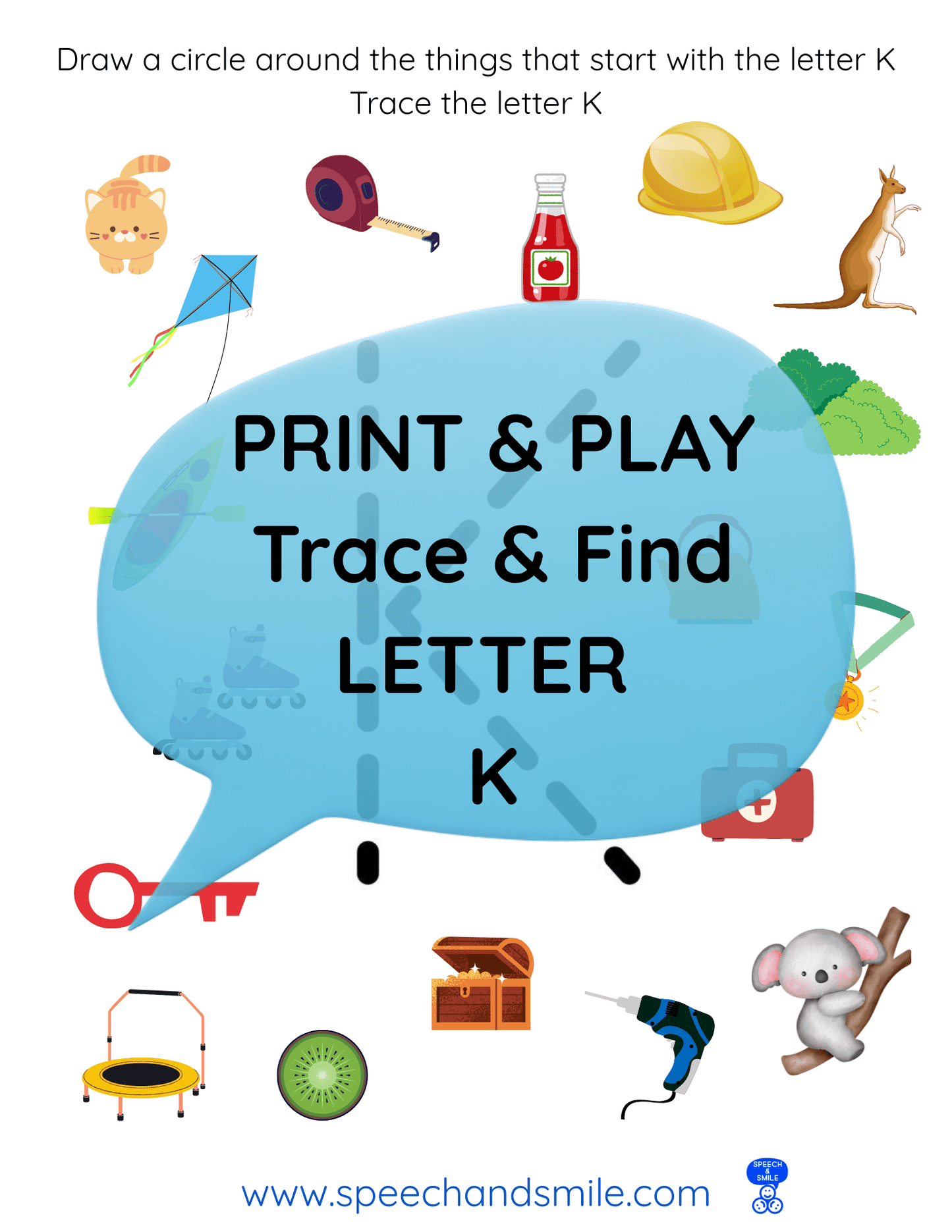 Print & Play Alphabet Worksheet - Letter K Activity Find and Circle Letter Sounds - Educational Printable Instant Download - Speech and Smile