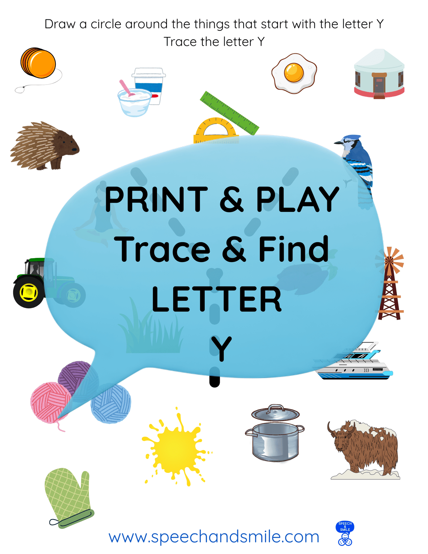 Print & Play Alphabet Worksheet - Letter Y Activity Find and Circle Letter Sounds - Educational Printable Instant Download - Speech and Smile