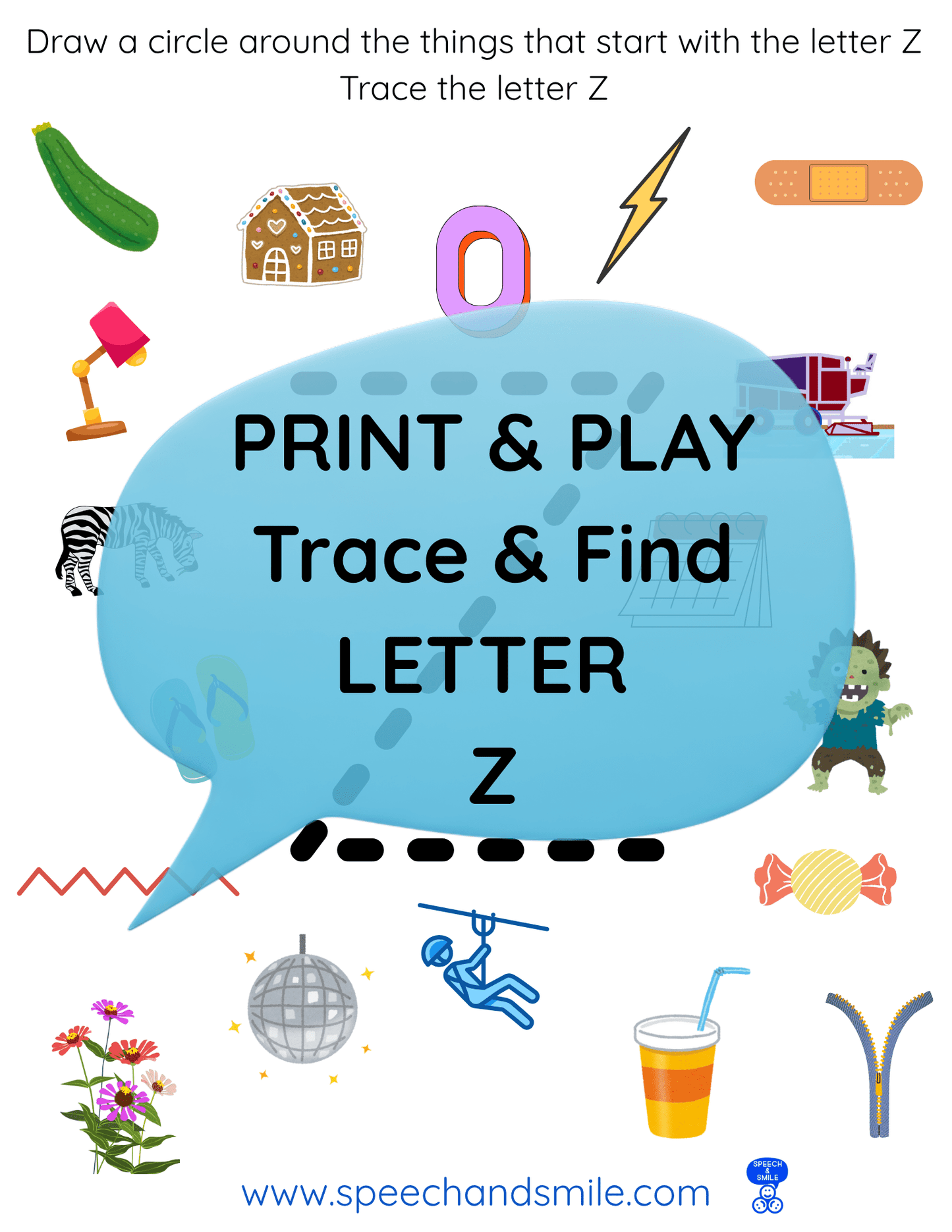 Print & Play Alphabet Worksheet - Letter Z Activity Find and Circle Letter Sounds - Educational Printable Instant Download - Speech and Smile