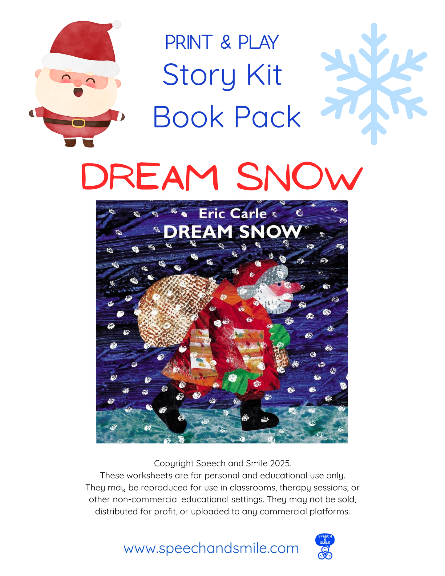 Story Kit Companion Pack - DREAM SNOW Printable Activities Instant Download Book Extension - Speech and Smile