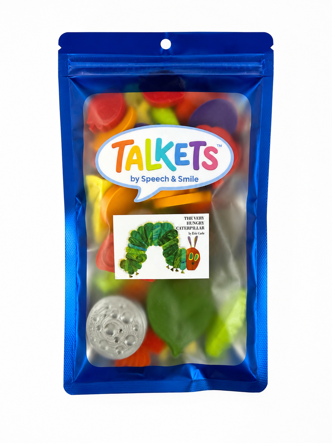 A blue resealable pouch of Talkets by Speech & Smile speech toys, showing colorful plastic letters and a caterpillar-themed insert card inside a clear window.