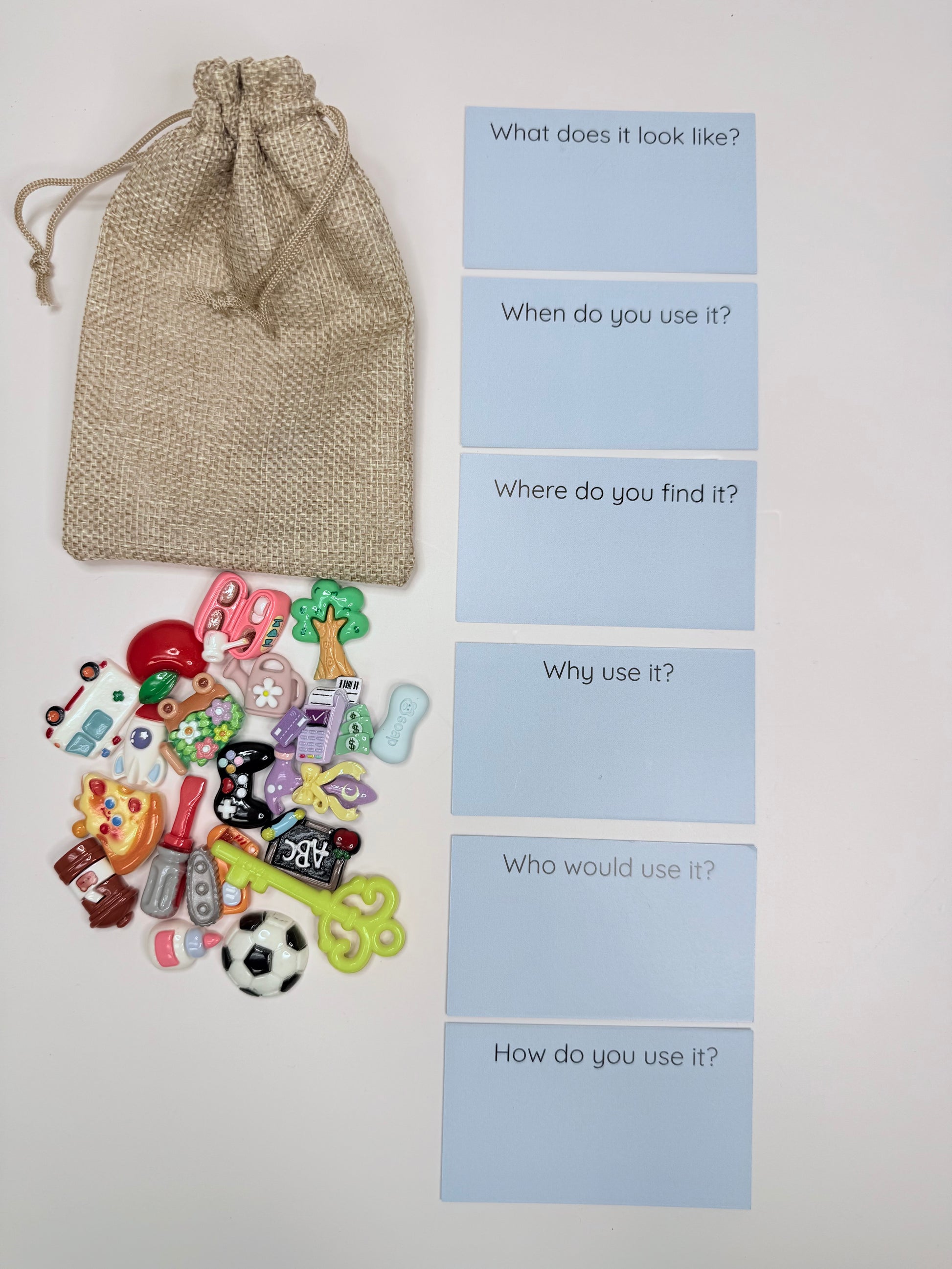 What’s in the Bag? Mystery Mini Grab Bag – Trinkets, Mini Objects & Question Prompt Cards for Speech Therapy Fun!
