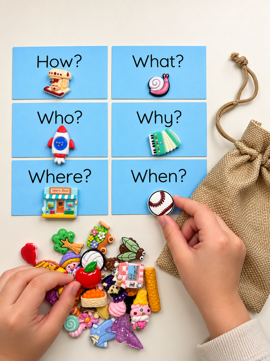 Mystery Mini Grab Bag – Trinkets, Mini Objects & Question Prompt Cards for Speech Therapy Fun - What’s in the Bag Game