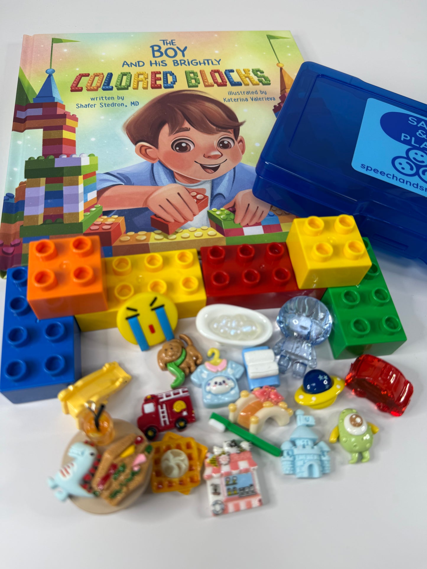 Story Kit About Emotions - Boy and His Brightly Colored Blocks INCLUDES BOOK – Mini Objects Speech Therapy Book Companion