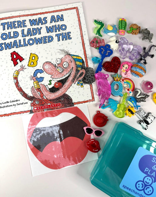 There Was an Old Lady Who Swallowed the Alphabet book with Alphabet Mini Objects-Interactive Story BOOK INCLUDED