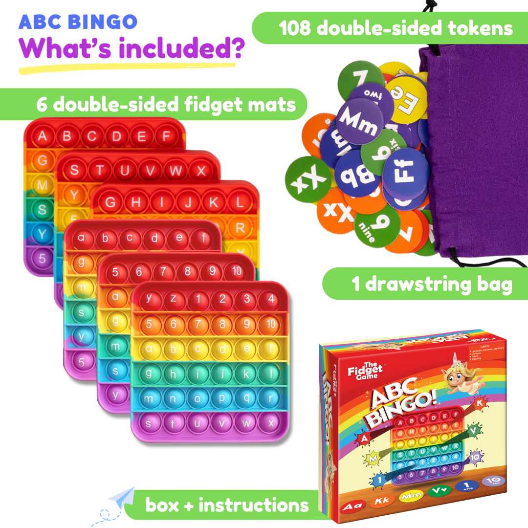 ABC BINGO The Fidget Game ABC Bingo, Games for Kids - Six Educational Alphabet Bingo Popping Mats for Preschool, Toddlers, Kindergarten - Learning Activities for 2-6 Players 3+ Years