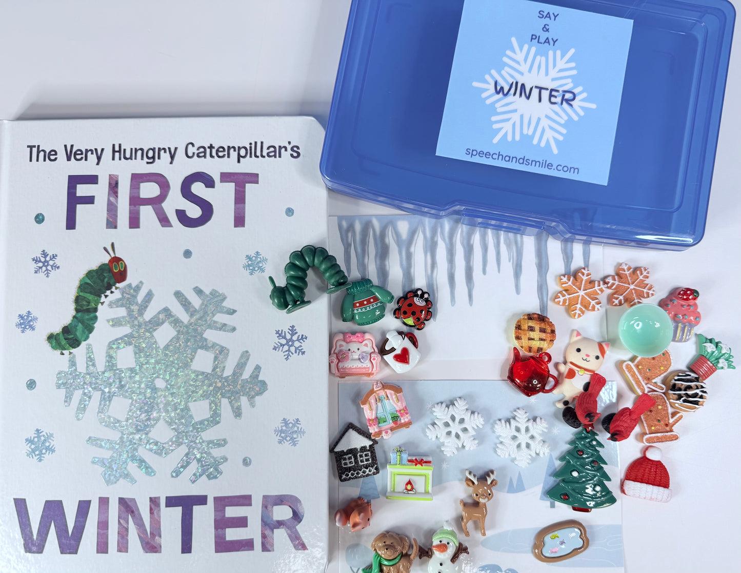 Oruga hambrienta INVIERNO Libro y objetos de historia-Kit de historia de invierno-Accesorios de historia-Mini objetos de oruga hambrienta