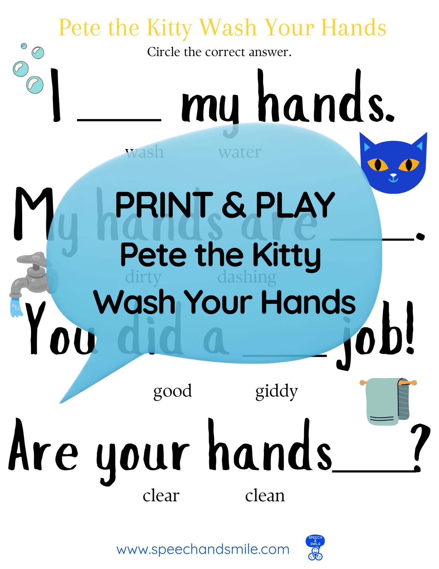Say and Play Story Kit Companion Pack – Pete the Cat Wash Your Hands PRINTABLE ACTIVITIES Instant Download Book Extension