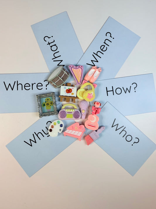 ARTS and INSTRUMENT Mini Objects with Question Cards- Theme Trinkets Speech Therapy