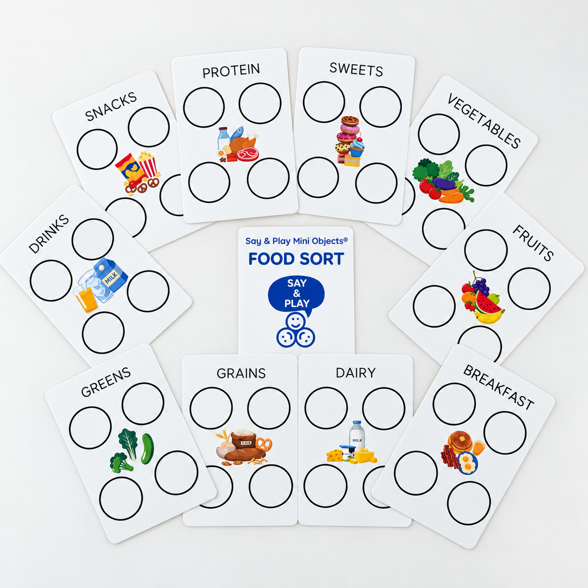 Food Sorting Set | 10 Category Cards and 40 Faux Food Minis | Say & Play Mini Objects®