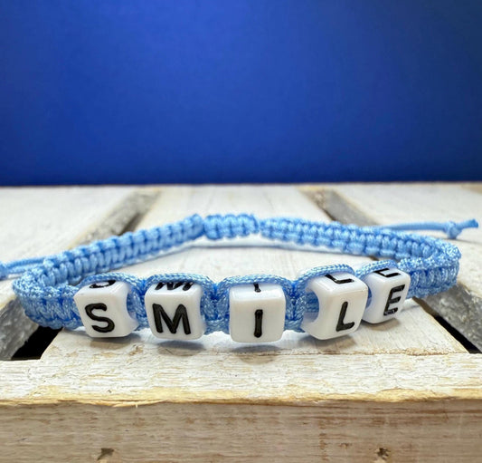 Smile Bracelet – Light Blue Woven Beaded String Bracelet with Letter Beads, Adjustable Friendship Jewelry