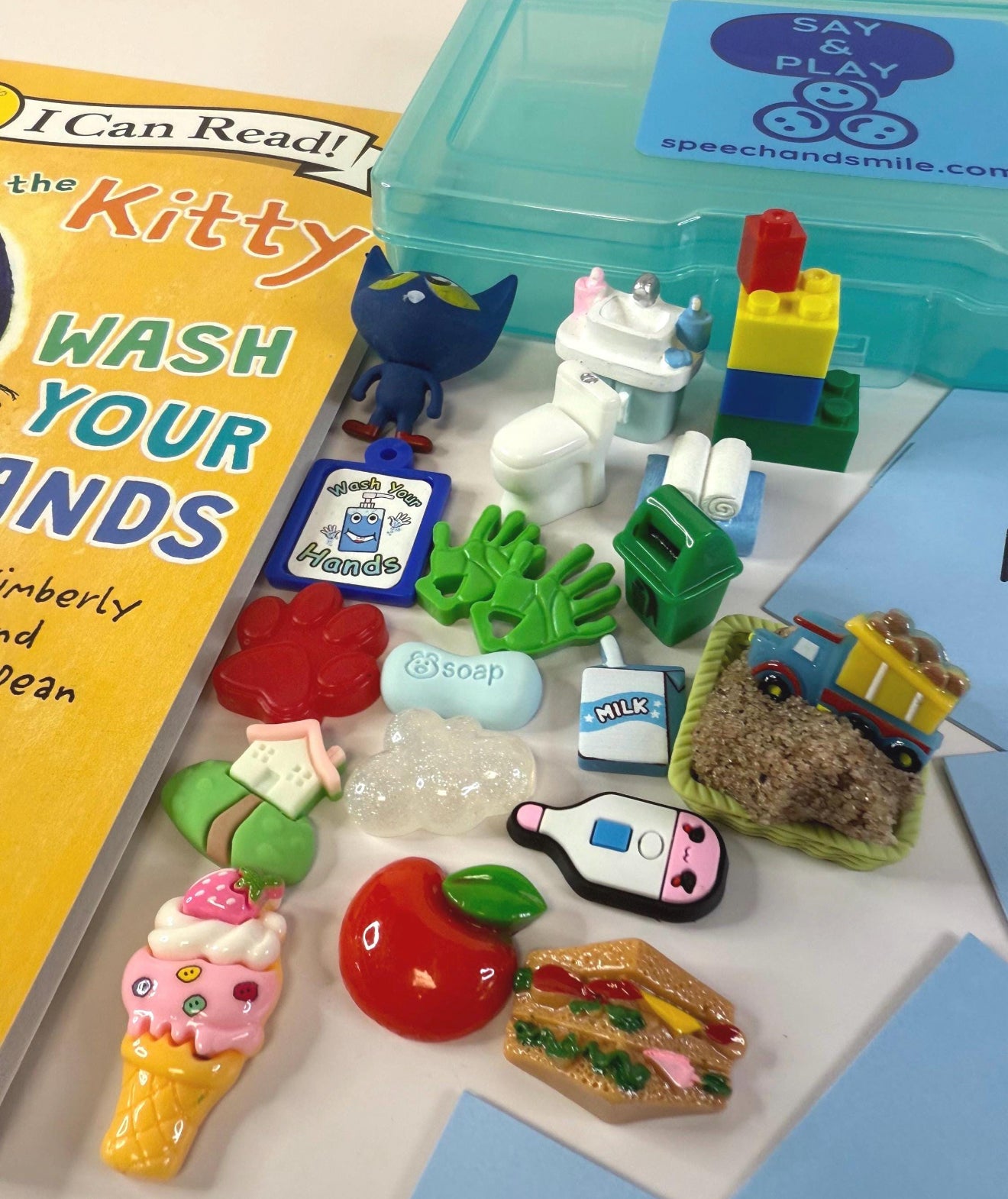 Pete the Cat Story Kit – Pete the Kitty Wash Your Hands Book with Mini Objects – Speech Therapy Story Props & Question Cards - BOOK INCLUDED
