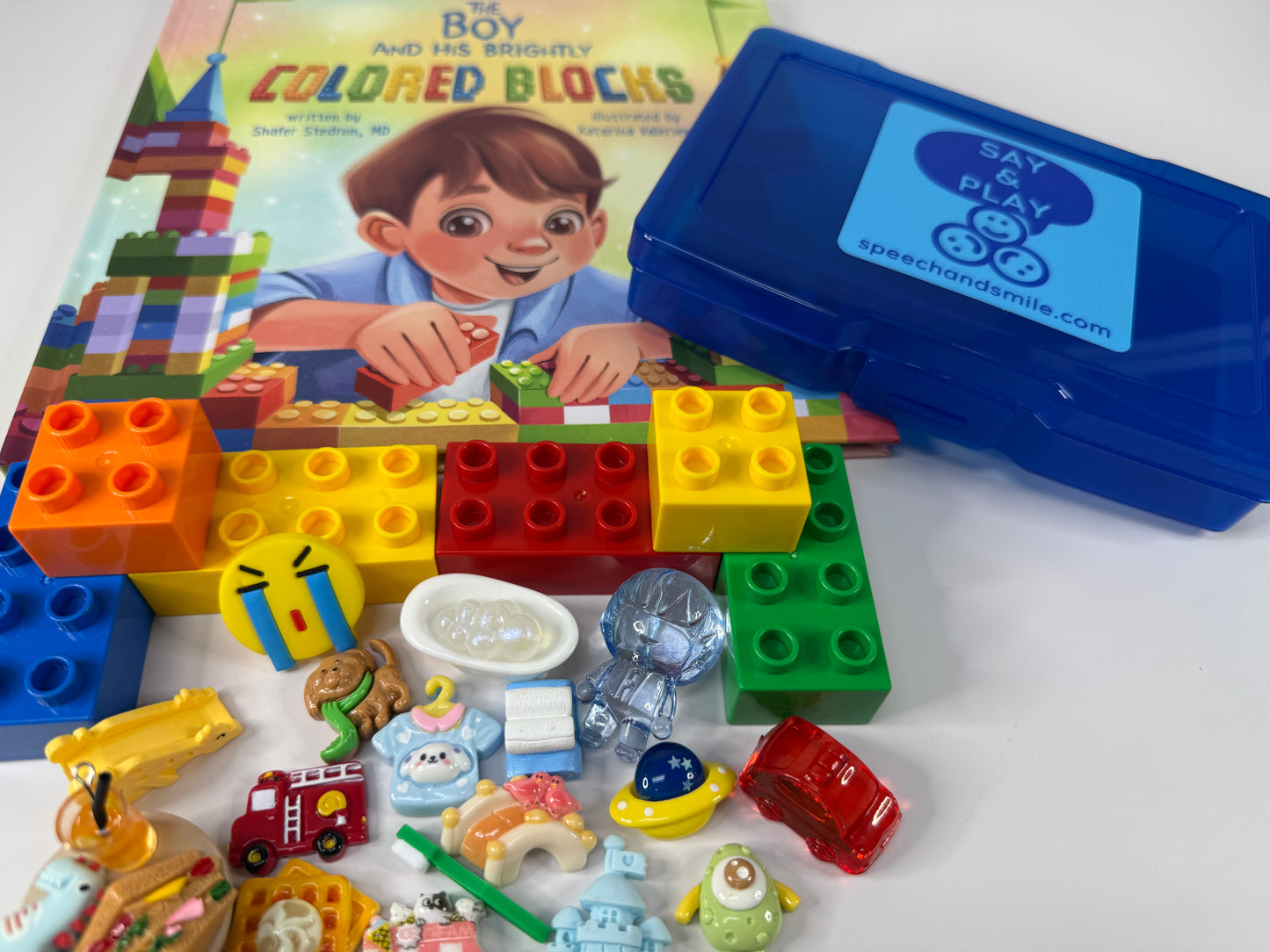 Story Kit About Emotions - Boy and His Brightly Colored Blocks INCLUDES BOOK – Mini Objects Speech Therapy Book Companion