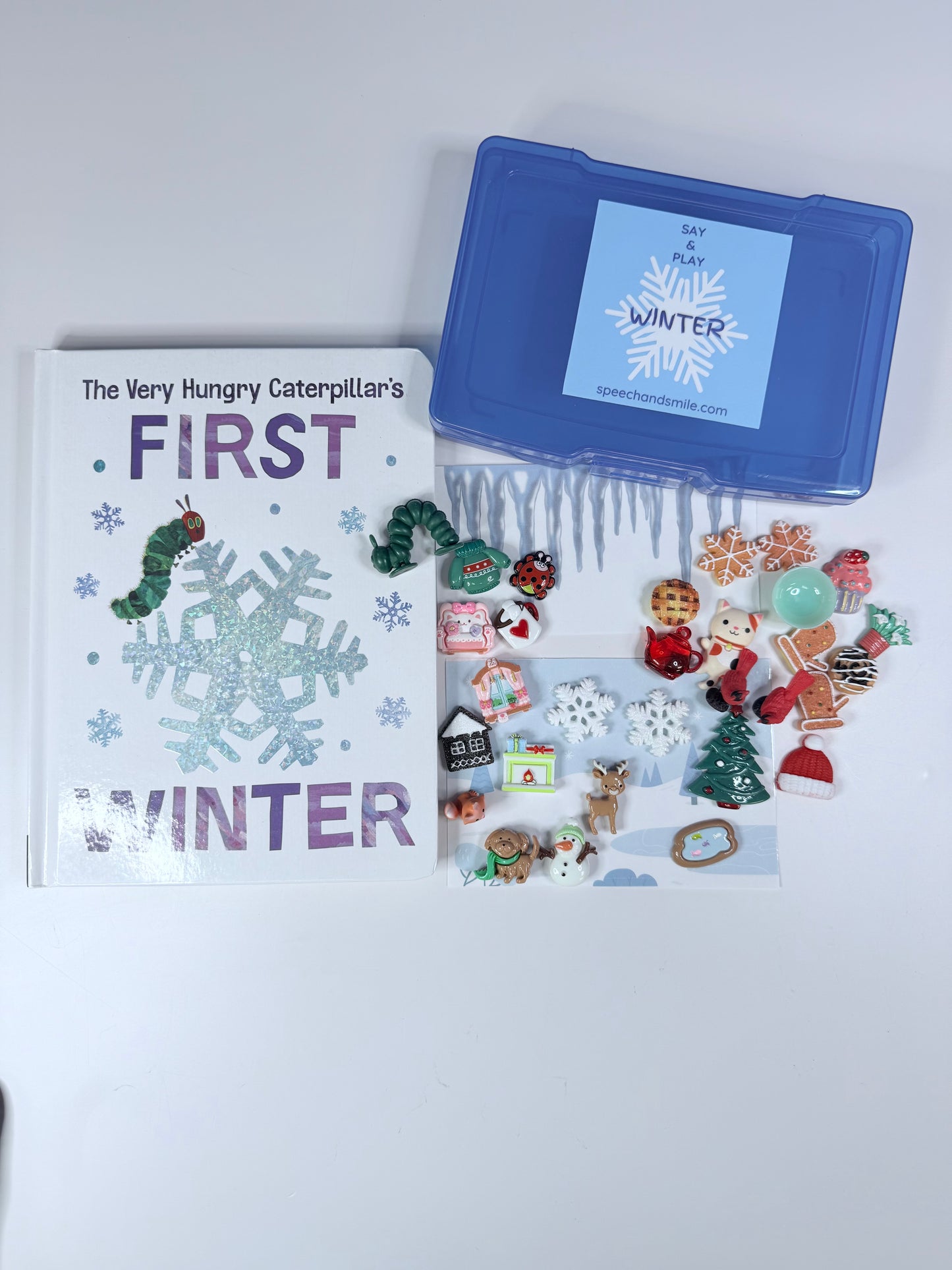 Oruga hambrienta INVIERNO Libro y objetos de historia-Kit de historia de invierno-Accesorios de historia-Mini objetos de oruga hambrienta