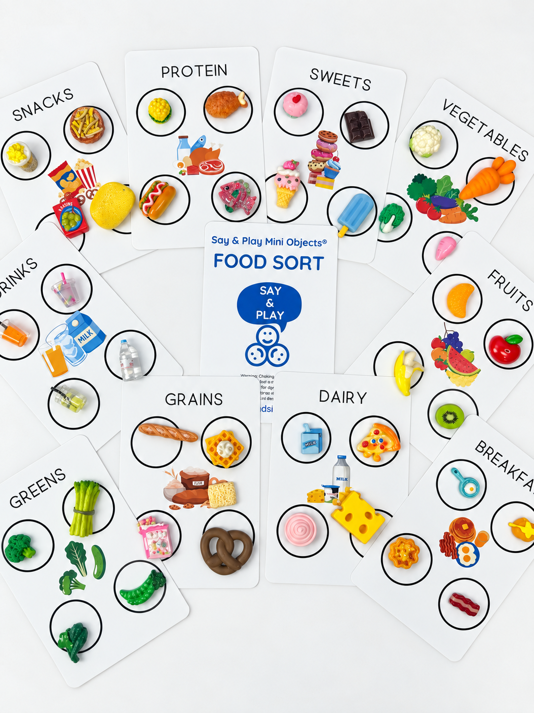 Food Sorting Set | 10 Category Cards and 40 Faux Food Minis | Say & Play Mini Objects®