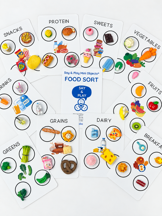 Food Sorting Set | 10 Category Cards and 40 Faux Food Minis | Say & Play Mini Objects®