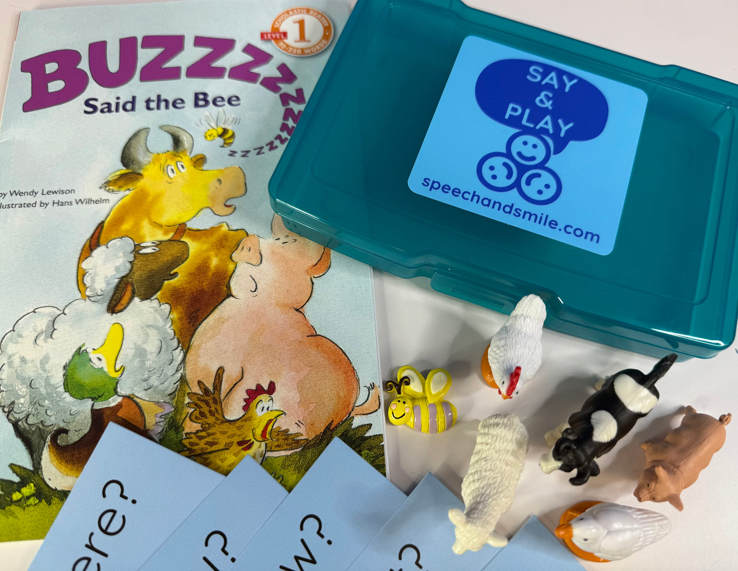 Buzz said the Bee Book with Mini Objects – Speech Therapy Story Props & Question Cards - BOOK INCLUDED Level 1 Reader