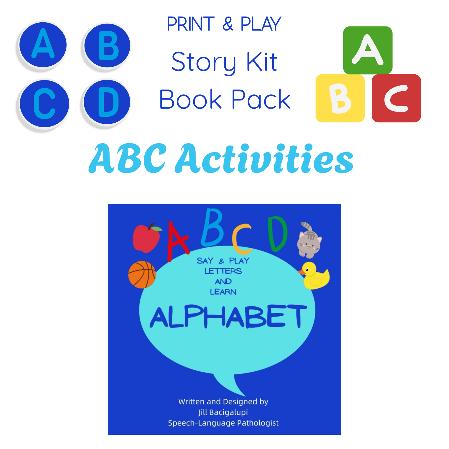 Cover of 'ABC Activities' book pack with colorful letters and animals on a blue background.