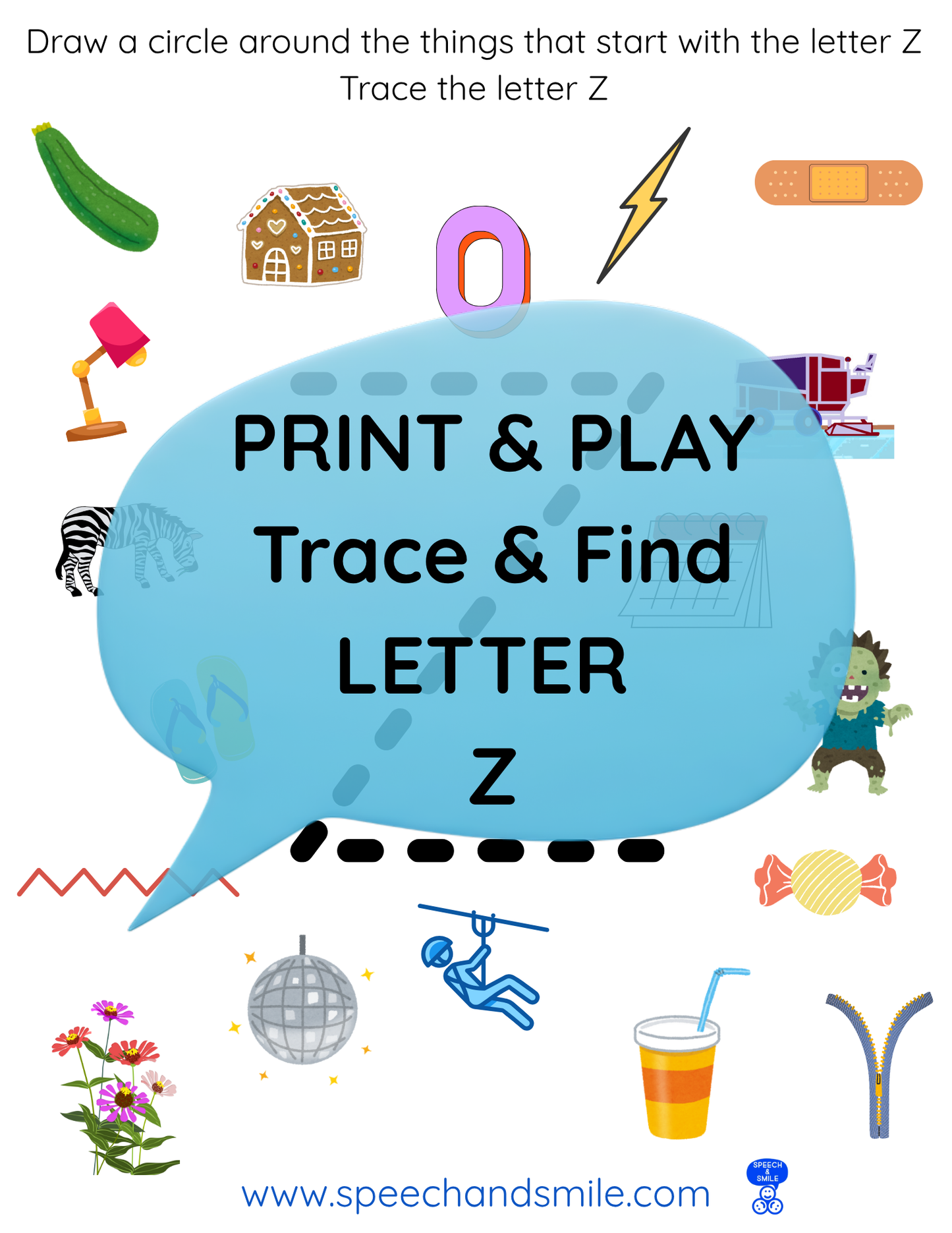 Print & Play Alphabet Worksheet - Letter Z Activity Find and Circle Letter Sounds - Educational Printable Instant Download