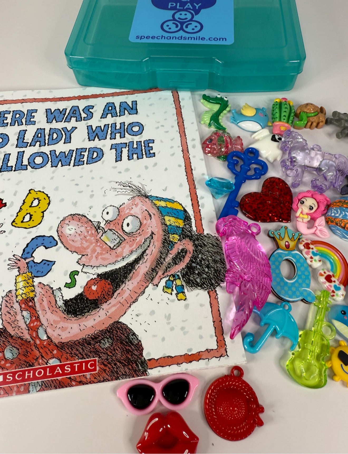 There Was an Old Lady Who Swallowed the Alphabet book with Alphabet Mini Objects-Interactive Story BOOK INCLUDED