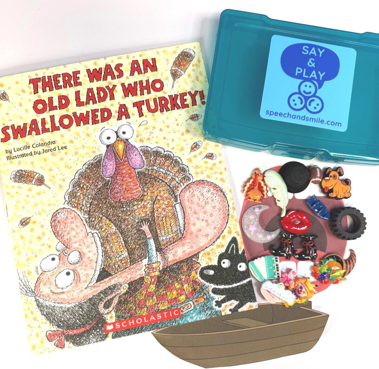 There Was an Old Lady Who Swallowed a Turkey - Say and Play Story Kit Mini Objects INCLUDES the BOOK