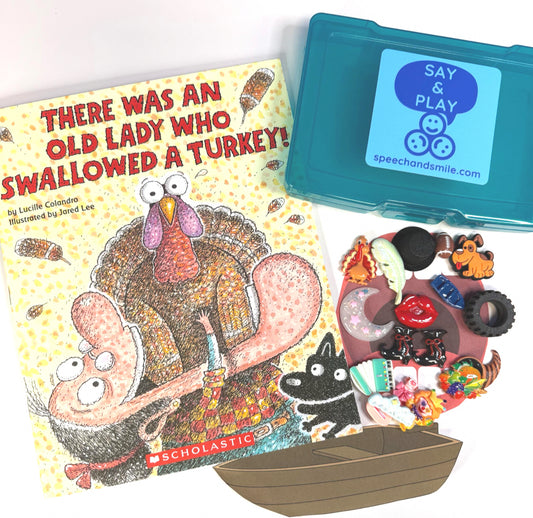 There Was an Old Lady Who Swallowed a Turkey - Say and Play Story Kit Mini Objects INCLUDES the BOOK
