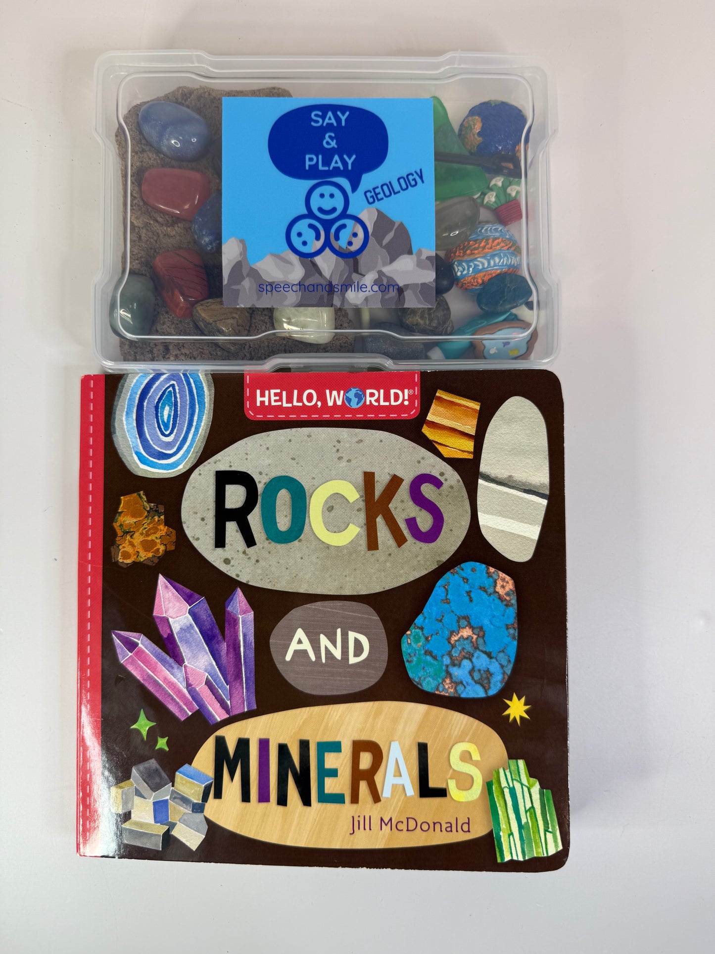 Say and Play Kit – Rocks and Minerals Book + Gemstones, Kinetic Sand, Mini Objects for Story Play