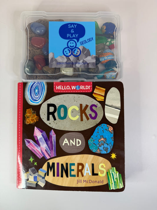 Say and Play Kit – Rocks and Minerals Book + Gemstones, Kinetic Sand, Mini Objects for Story Play