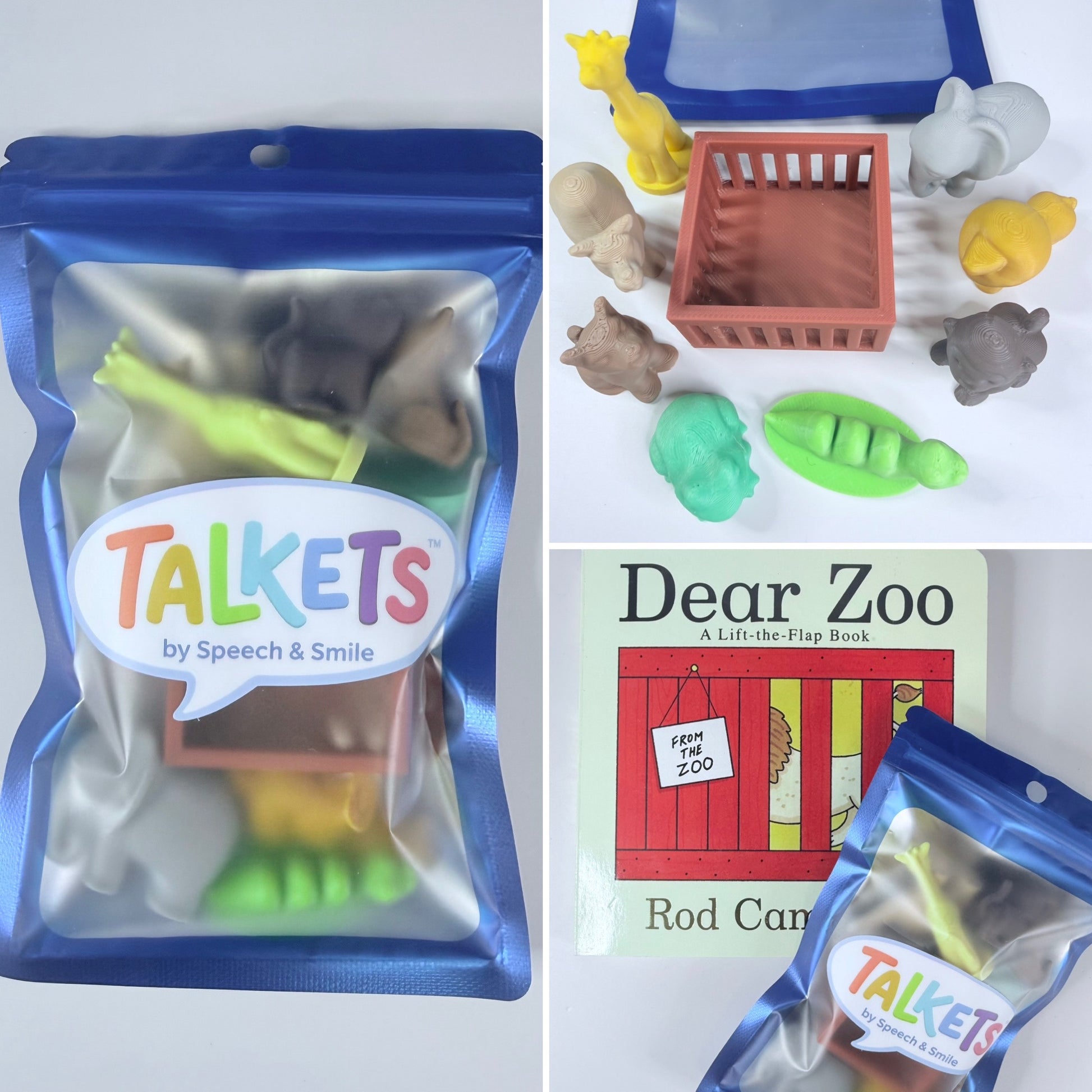 Collage of 'Talkets' toy packaging, toys, and a book titled 'Dear Zoo'.